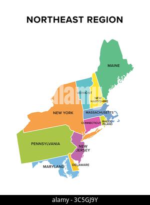 Regione nord-est degli Stati Uniti, mappa multicolore. Conosciuto anche come il nord-est, la costa orientale o il nord-est americano. Area geografica. Foto Stock