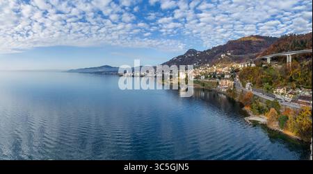 15 novembre 2015, Svizzera: Vista aerea panoramica del castello di Chillon, Riviera Svizzera, Svizzera (Credit Image: © Airpano LLC/Amazing Aerial via ZUMA Wire) Foto Stock