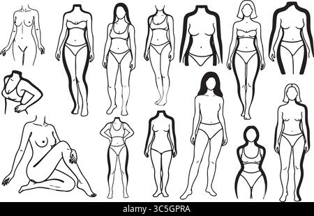 Silhouette femminili minimali Set vettoriale – diversità del corpo in posizioni moderne per l'empowerment e il branding Illustrazione Vettoriale