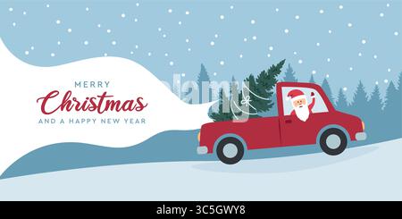 babbo natale guida un'auto con l'albero di natale su un'illustrazione vettoriale invernale innevata Illustrazione Vettoriale