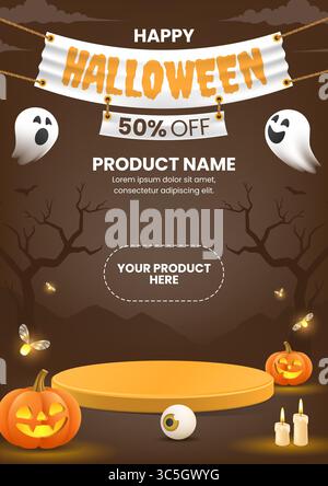 Design 3D di una vendita di Halloween in formato A4 con esposizione del prodotto, simpatiche illustrazioni in marrone e arancione. Illustrazione Vettoriale