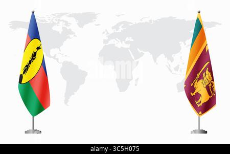 Bandiere della nuova Caledonia e dello Sri Lanka per l'incontro ufficiale sullo sfondo della mappa mondiale. Illustrazione Vettoriale