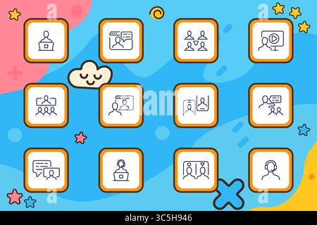 Icona del set di comunicazione. Figure umane delineate con computer, bollicine vocali, videochiamate, visualizzazioni dei team, presentazioni, e le schermate di chat in colorato ti Illustrazione Vettoriale