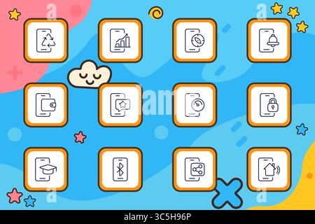 Icona del set di funzioni dell'app mobile. Icone sullo schermo dello smartphone con simboli per carte, messaggi, portafogli, blocchi, notifiche, GPS, Bluetooth e Smart Home Illustrazione Vettoriale