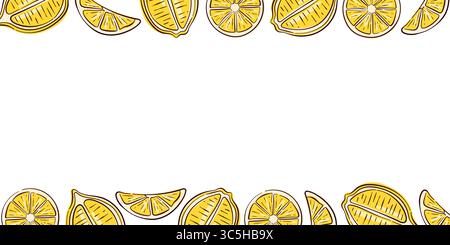 Cornice disegnata a mano con fette di limone su sfondo bianco. Confine per cibo estivo, bevande e striscione di frutta biologica. Illustrazione Vettoriale