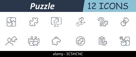 Icona puzzle set. Puzzle in mano, schermo, testa, globo, documento, appunti, persone, forme delle domande disposte con unione, risoluzione o corrispondenza Illustrazione Vettoriale