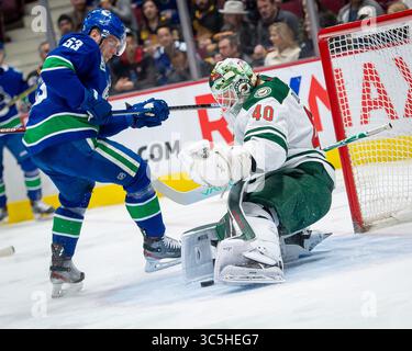 19 febbraio 2020: Il portiere selvaggio Devan Dubnyk (40) salta la partita in NHL tra i Minnesota Wild e i Vancouver Canucks alla Rogers Arena di Vancouver, Canada. Dom Gagne/CSM(immagine di credito: &Copy; dom Gagne/CSM tramite cavo ZUMA) Foto Stock