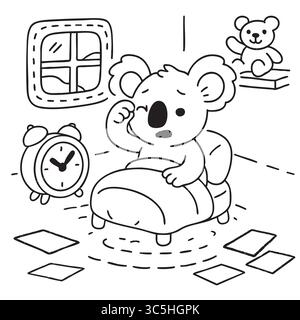 Un koala sonnolento si sveglia in un'accogliente camera da letto all'alba. Illustrazione Vettoriale