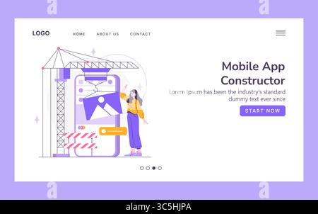 Illustrazione vettoriale che raffigura una donna che interagisce con un'interfaccia per la creazione di un'app mobile. La scena include gru ed elementi che suggeriscono la costruzione e il design delle app. Illustrazione Vettoriale