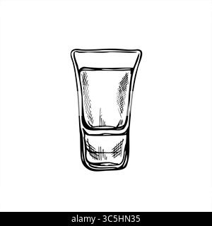 Bicchierino riempito con vari spiriti come vodka, brandy, sake o illustrazione vettoriale di limoncello dipinto con inchiostro nero. Bevande alcoliche in vetreria ecc Illustrazione Vettoriale