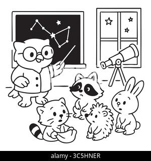 Insegnante di Owl che impartisce lezioni di astronomia agli studenti di animali. Illustrazione Vettoriale