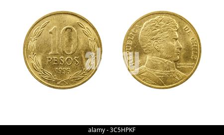 Cile moneta 10 pesos anno 1996, lato opposto e lato opposto su sfondo bianco, primo piano macro Foto Stock