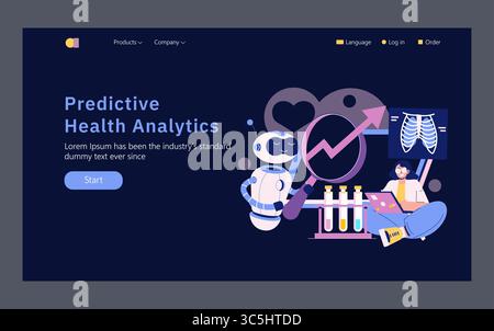 L'INTELLIGENZA ARTIFICIALE in medicina e scienza si concentra sull'analisi predittiva della salute. Questa illustrazione mostra un robot che analizza i dati mentre un professionista sanitario valuta i risultati dei test, evidenziando i progressi nella tecnologia medica. Illustrazione Vettoriale