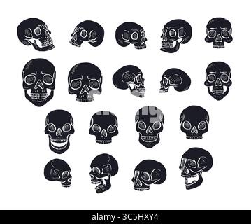 Teschi umani con silhouette nera disegnati a mano, isolati su sfondo bianco, illustrazione vettoriale Illustrazione Vettoriale