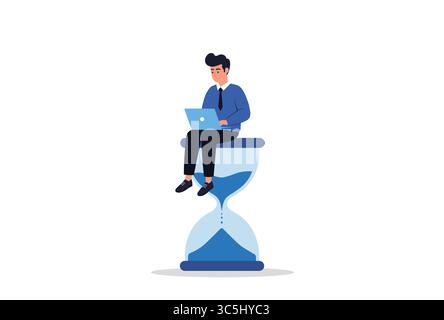 Uomo d'affari seduto su una clessidra con un'illustrazione vettoriale per laptop. Illustrazione Vettoriale