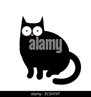 Divertente cartone animato per gatto nero. Felino giocoso e bizzarro con occhi grandi e un'espressione carina. Perfetto per progetti divertenti e creativi. Illustrazione Vettoriale