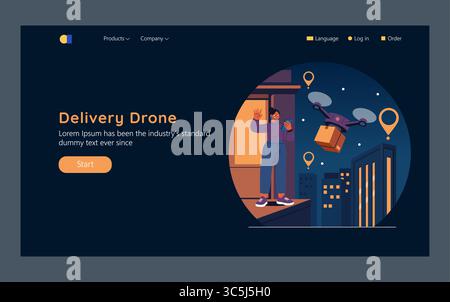 Concetto del futuro della distribuzione. Il drone vola attraverso il cielo notturno della città portando un pacchetto per una donna sorridente che aspetta sul suo balcone. L'innovazione urbana incontra un servizio di consegna pacchi veloce senza contatto. Illustrazione vettoriale. Illustrazione Vettoriale