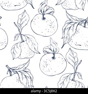 Questa illustrazione grafica disegnata a mano presenta un motivo senza cuciture di mandarini interi e fogliame natalizio, perfetto per i progetti delle vacanze. Ideale Illustrazione Vettoriale