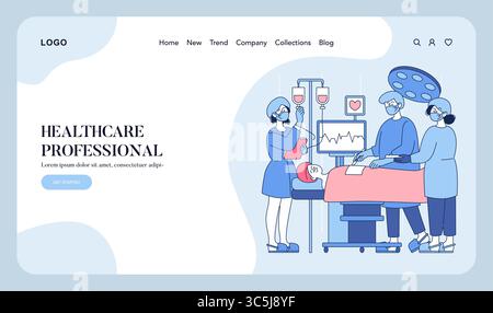 Team di professionisti sanitari in azione durante una procedura medica. I personaggi mostrano collaborazione e cura in un ambiente clinico, sottolineando la dedizione alla salute dei pazienti. Illustrazione vettoriale. Illustrazione Vettoriale