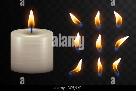 Candela Vector 3d realistica che brucia paraffina o cera bianca e fiamma diversa di un set di candele primo piano isolato su sfondo a griglia di trasparenza. Modello di progettazione. Illustrazione vettoriale Illustrazione Vettoriale
