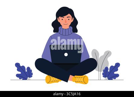 Donna seduta a gambe incrociate che lavora su un'illustrazione vettoriale di un notebook. Illustrazione Vettoriale