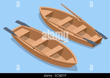 Un'illustrazione isometrica che presenta due classiche barche a remi in legno sull'acqua blu, raffiguranti imbarcazioni tradizionali per il tempo libero Illustrazione Vettoriale