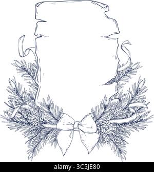 Illustrazione grafica a linee disegnata a mano con un antico rotolo con rami di abete e un fiocco a nastro, modello perfetto per i disegni natalizi Illustrazione Vettoriale