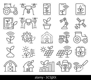 Una raccolta di icone di linea che rappresentano la moderna tecnologia agricola, tra cui droni, sensori e pratiche sostenibili. Perfetto per l'illustrazione Illustrazione Vettoriale