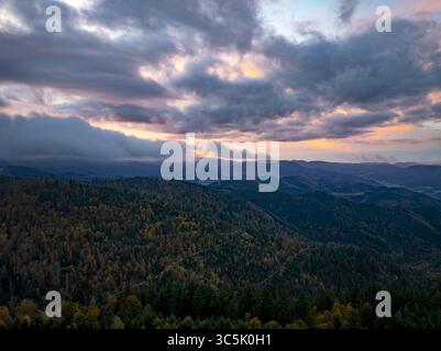 Vista aerea di una fitta foresta ricoperta di sfumature al crepuscolo sotto un cielo striato di colori pastello, Ottenhofen im Schwarzwald, Baden-Wurttemberg, Germania. Foto Stock