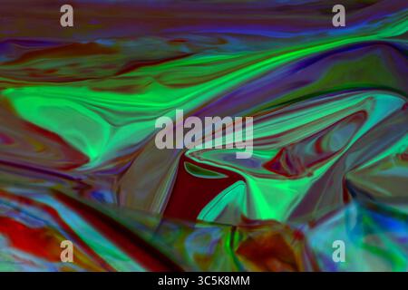 Vibranti opere d'arte astratte con motivi girevoli verdi e rossi e sfumature iridescenti Foto Stock