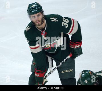 23 febbraio 2020: L'attaccante dei Minnesota Wild Ryan Hartman guarda durante la partita NHL tra i St. Louis Blues e i Minnesota Wild all'Xcel Energy Center di St. Paul, Minnesota. Ricky Bassman/CSM(immagine di credito: &Copy; Ricky Bassman/CSM tramite cavo ZUMA) Foto Stock