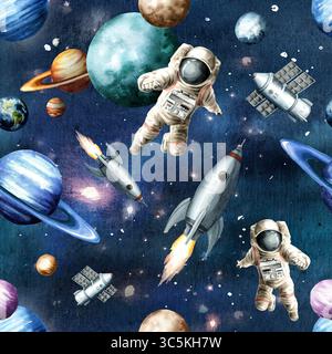 Motivo cosmico senza cuciture, illustrazione ad acquerello disegnata a mano Foto Stock