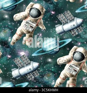 Pattern cosmico senza cuciture. Illustrazione ad acquerello disegnata a mano Foto Stock