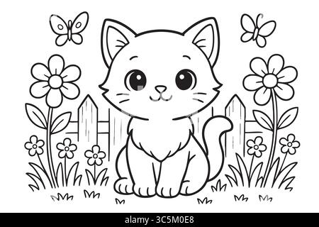 Graziosa pagina da colorare per gatti con fiori e farfalle per bambini, disegno con contorno nero. concetto di attività per bambini, gattino carino, natura, whisker, divertimento, Illustrazione Vettoriale