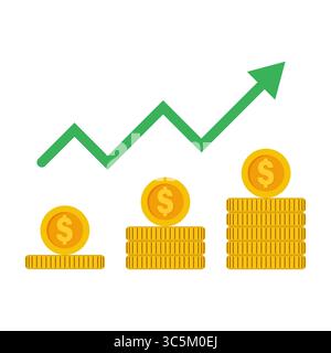 Concetto di crescita dei profitti con le monete e l'illustrazione del grafico a freccia. Questa vivace illustrazione rappresenta visivamente la crescita finanziaria e l'aumento dei profitti. Illustrazione Vettoriale