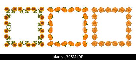 Foglie di zucca autunnali di girasole. Collezione di tre bordi autunnali con girasoli, zucche e foglie. Cornici decorative piatte Illustrazione Vettoriale