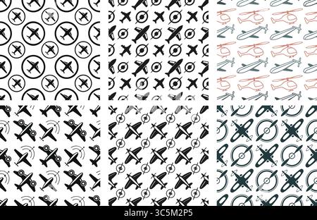 Seamless Aviation Pattern Set: Aerei e elicotteri, design vettoriali in bianco e nero Illustrazione Vettoriale