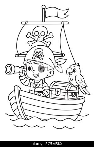 Pagina di colorazione avventura pirata per bambini con contorno nero, nave pirata, pappagallo e scrigno del tesoro, isolata su sfondo bianco, attività divertenti per Illustrazione Vettoriale