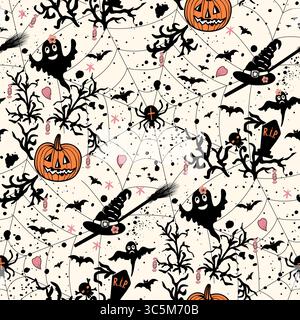 Modello vettoriale di Halloween con zucche, ragni, fantasmi, pipistrelli. Sfondo spettrale perfetto per halloween Illustrazione Vettoriale