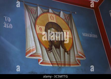 Icona del Santo Mandylion Gesù Cristo faccia su stoffa all'assunzione di Maria Chiesa greco-ortodossa Voula Grecia Foto Stock