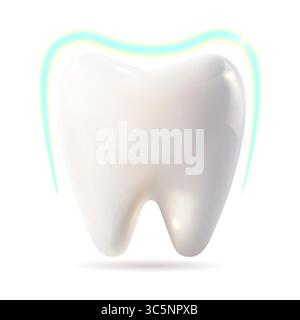 Un dente bianco che colpisce visivamente, con un contorno blu vibrante che lo circonda, il tutto su uno sfondo bianco pulito e nitido Illustrazione Vettoriale