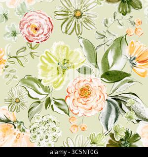 Motivo floreale verde senza cuciture con fiori gialli, erbe, foglie e rami. Design ad acquerello disegnato a mano per tessuti, carta da parati, tessuti e stampe Foto Stock