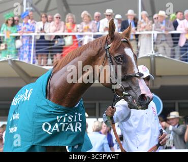 Goodwood, Regno Unito. 29 luglio 2025. Qirat ha vinto la Visit Qatar Sussex Stakes durante il secondo giorno del Qatar Goodwood Festival Meeting. Credito: Eclettismo Foto Stock