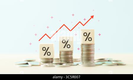 Concetto di aumento percentuale finanziaria. Segno di percentuale sul cubo di legno con fila di monete. Considerare l'aumento del tasso di interesse, l'inflazione in dollari USA, il tasso di interesse, Foto Stock