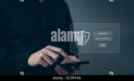 Concetto di sicurezza informatica. L'utente immette nome utente e password per accedere alle informazioni personali. Accesso ai dati protetto e accesso a Internet sicuro, screen padloc Foto Stock