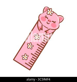 Questo grazioso righello rosa, con un orso sorridente e motivi floreali, è perfetto per le esigenze di cartoleria dei bambini Illustrazione Vettoriale