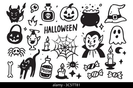 Il doodle di Halloween include vampiri, zucca e fantasma con illustrazioni di ragni, gatto e pipistrello. I biberon o i cappelli di veleno aggiungono un divertimento inquietante per spaventosi o. Illustrazione Vettoriale