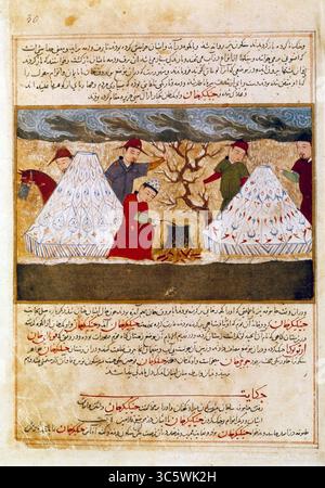 Mongoli che cucinano miniature persiane prese da Jami al-tawarikh (Jami al tawarikh) o storia universale dallo storico Rashid al-din (al din) (1247-1318) intorno al 1430. Parigi, B.N. Foto Stock