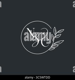 Design NC iniziale monogramma per matrimoni in uno stile elegante e minimalista con linee circolari e grafica vettoriale con rami a foglia Illustrazione Vettoriale