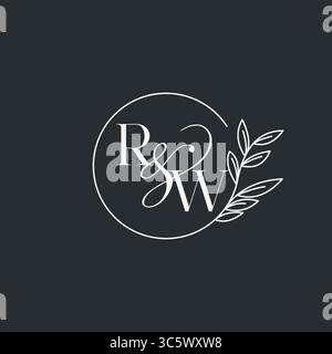 Design RW iniziale a monogramma nuziale in uno stile elegante e minimalista con linee circolari e grafica vettoriale con rami a foglia Illustrazione Vettoriale